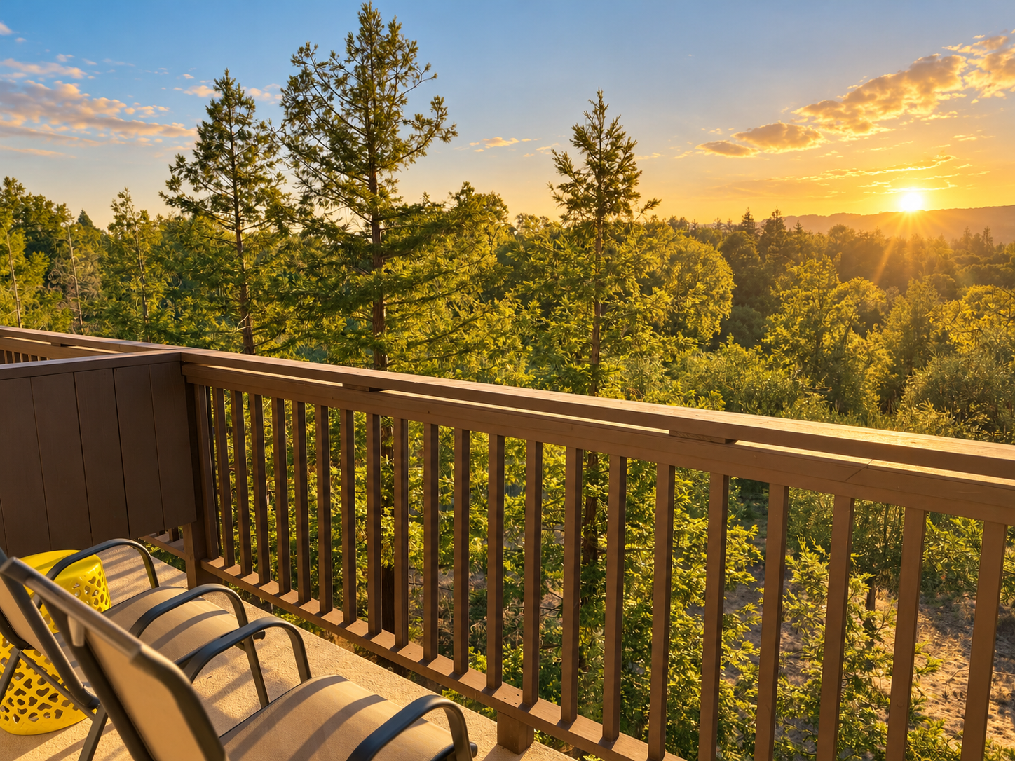 Cabernet Suite covered upper-level balcony at sunset