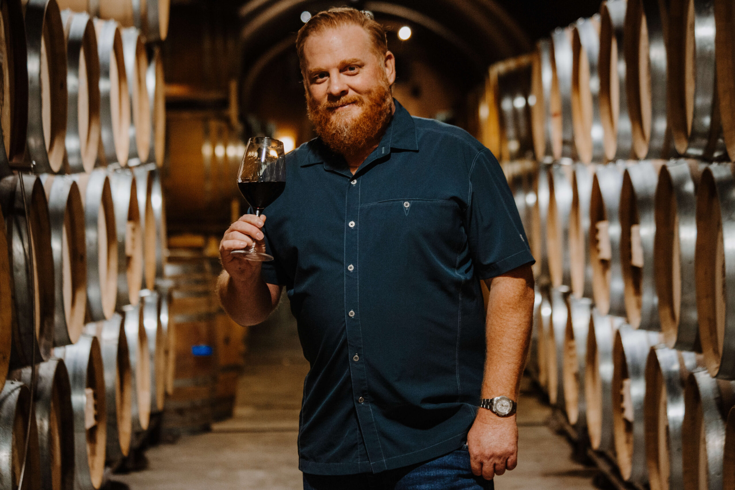 Jay Buoncristiani in the cave barrel room