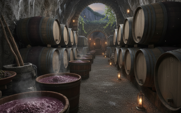 A dimly lit cave with wine barrels inside, showcasing the fermentation process.