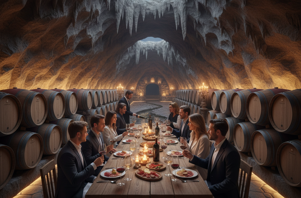 A picturesque wine cave with barrels and wine glasses.