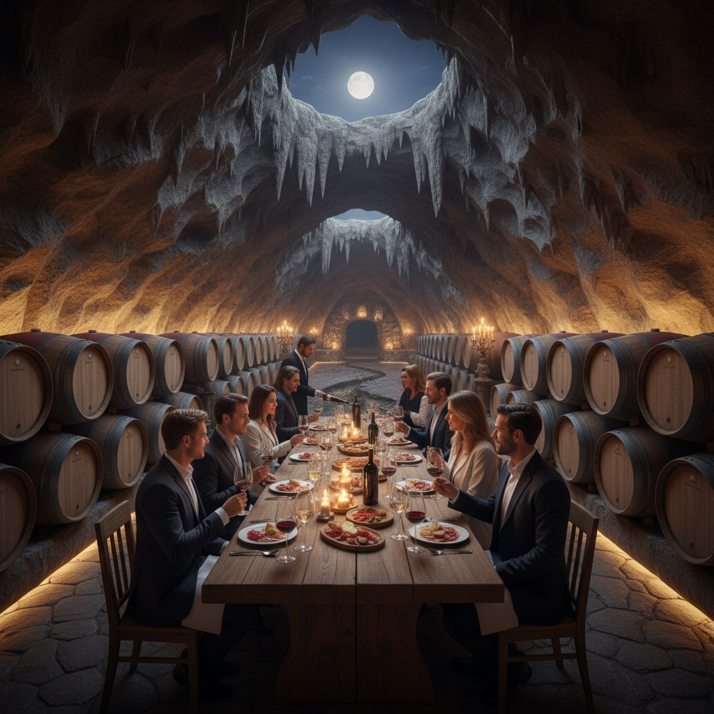 A picturesque wine cave with barrels and wine glasses.