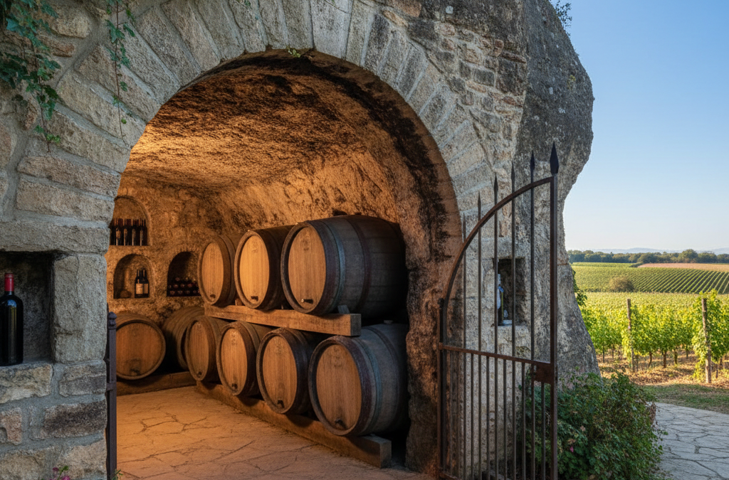 A scenic view of a wine cave entrance with barrels inside.