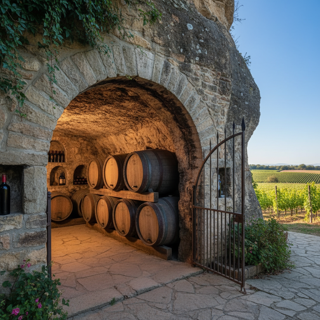 A scenic view of a wine cave entrance with barrels inside.