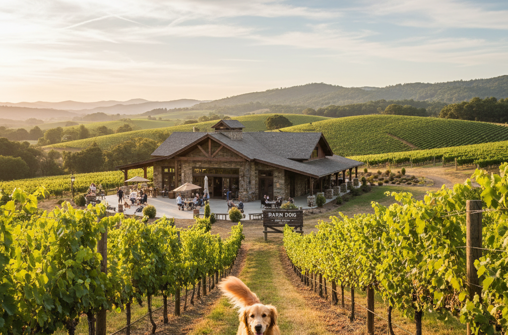 A picturesque winery with a dog enjoying the vineyard.