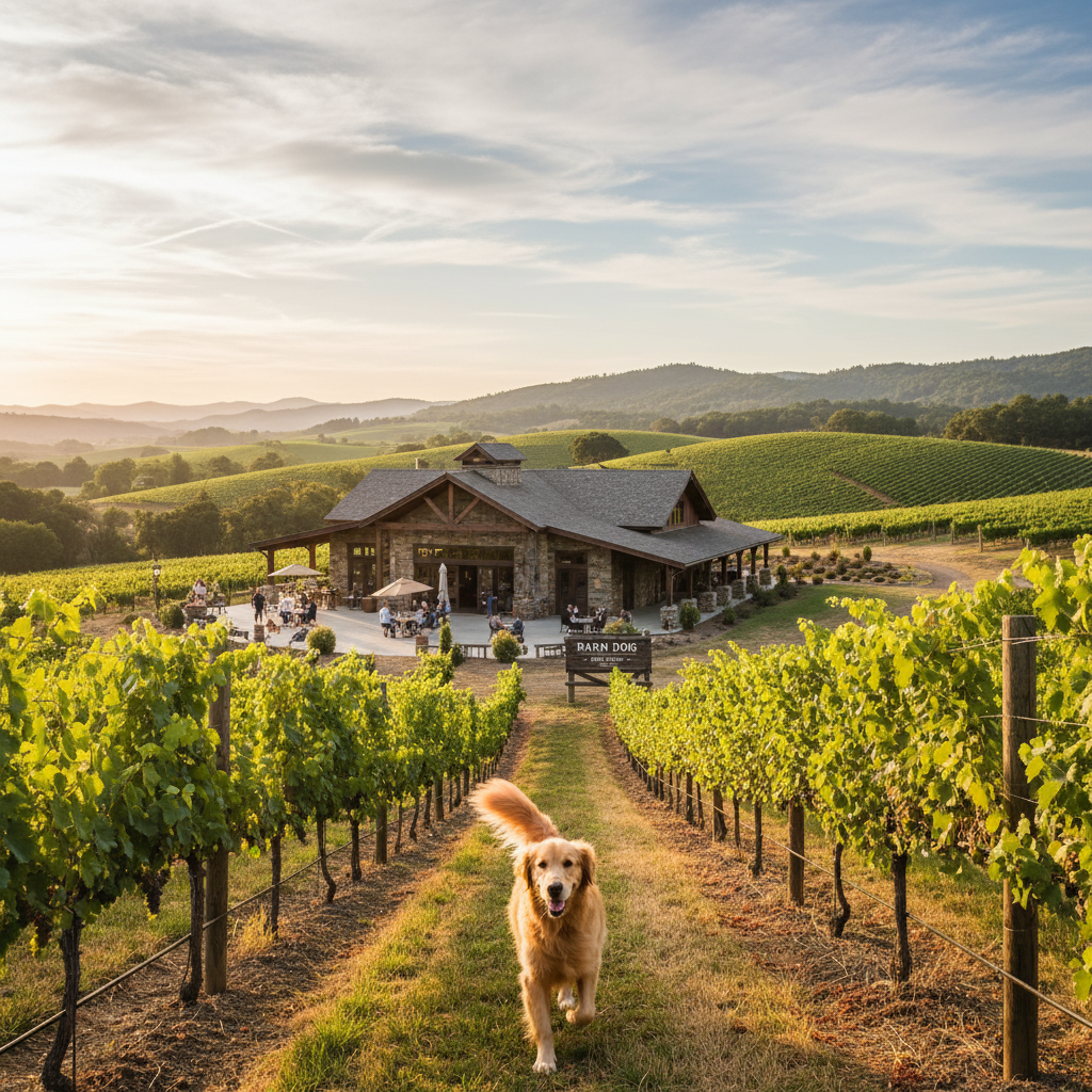 A picturesque winery with a dog enjoying the vineyard.