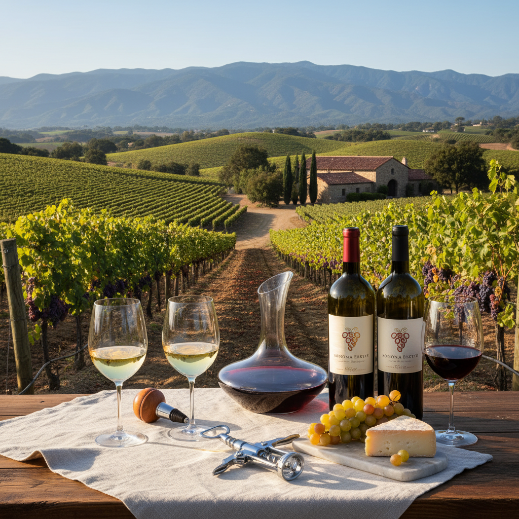 A scenic vineyard in Sonoma Valley with wine accessories displayed.