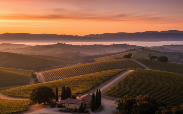 Panoramic view of vineyards at sunset