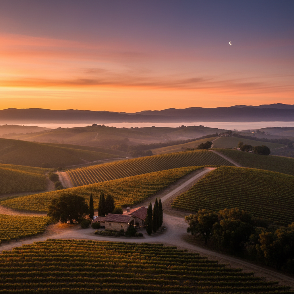 Panoramic view of vineyards at sunset