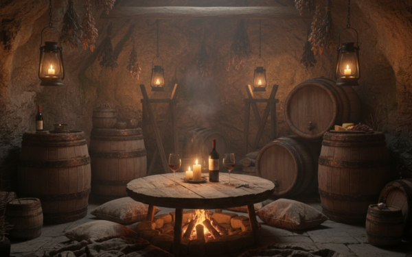 A cozy cave setting with wine glasses and rustic barrels.
