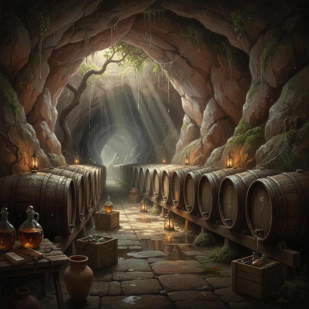 Illustration of wine barrels in a cave.