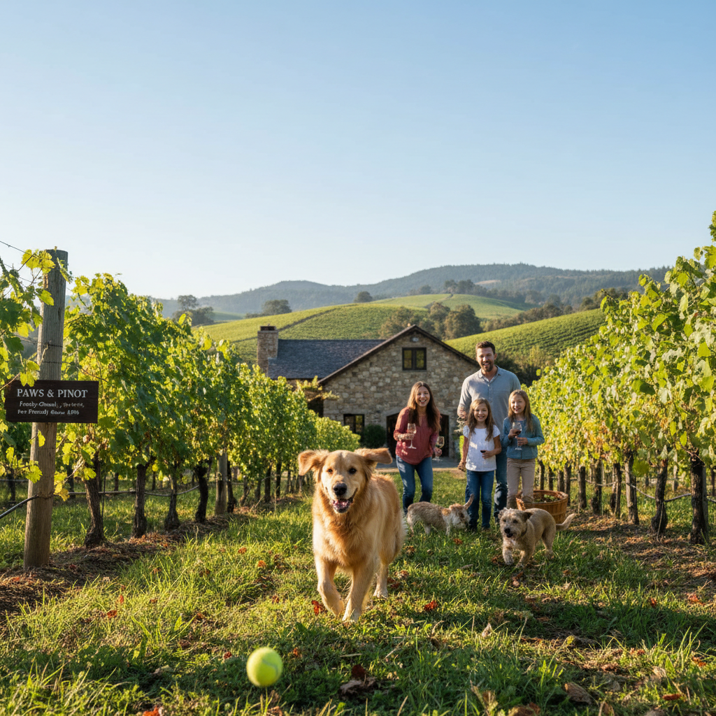 A family-owned winery with a dog playing happily among the vineyard rows