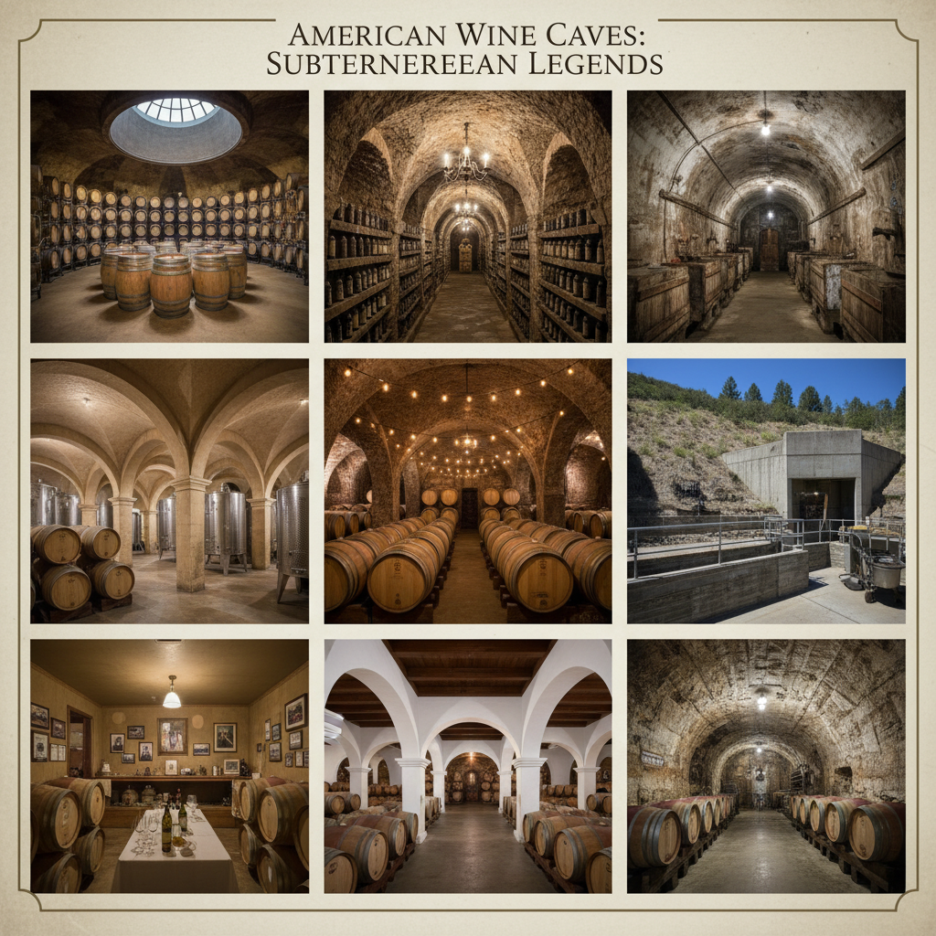 Collage of famous wine caves in the USA.