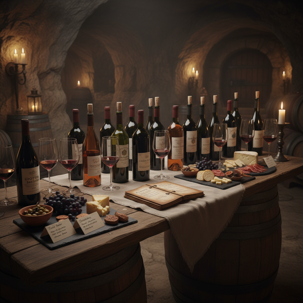 A tasting table set up with various cave wines.