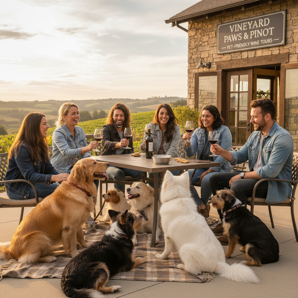 A group of people enjoying wine with their dogs